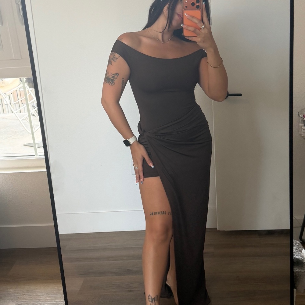 Peppermayo Brown Off Shoulder Maxi Dress High Slit XS